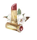 Watercolor illustration of an open lipstick in a vintage gold case with gems and a lying white magnolia flower